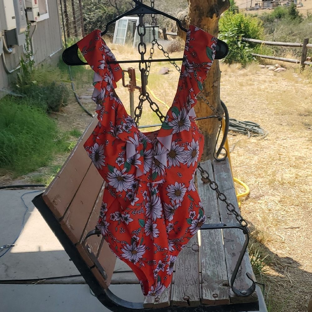 Jessica Simpson Red and White Floral One Piece Swimsuit